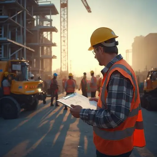 General contractor reviews blueprints with diverse team at a bustling construction site.