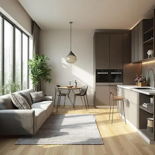 Stylish studio apartment showcasing modern design, multifunctional spaces, and natural light.