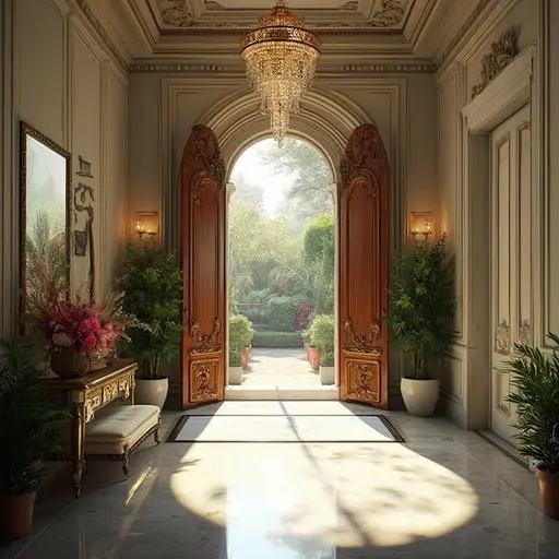 Elegant entryway with oversized wooden doors, lush greenery, and sparkling chandelier.