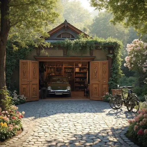 A beautifully designed carriage garage with wooden doors, classic car, and vibrant flowerbeds.