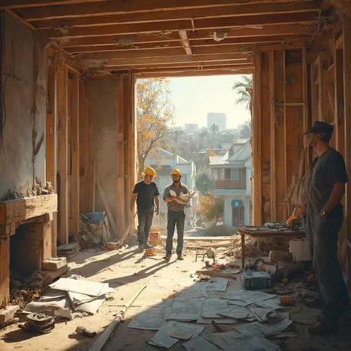 Skilled workers remodel a living room, showcasing construction tools and exposed beams.