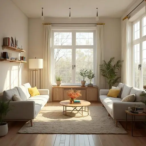 Cozy living room transformed with budget-friendly upgrades, featuring light fixtures, plants, and stylish furniture.