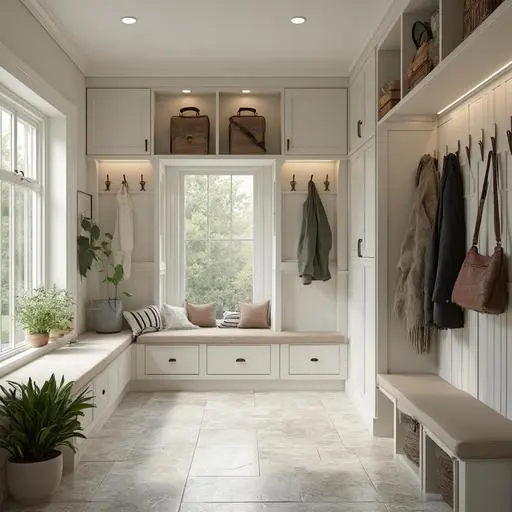 Modern mudroom addition with custom cabinetry, cozy bench, and natural lighting.
