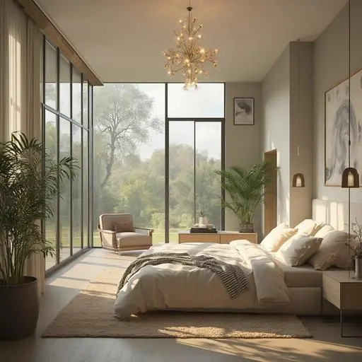 Serene modern bedroom with natural light, plush bed, and inviting reading nook.