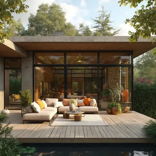 Modern home addition blends seamlessly with rustic structure, featuring sunlit spaces and lush garden views.