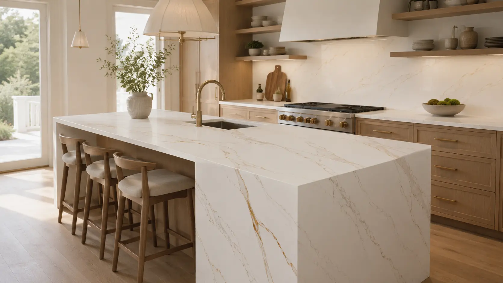 Warm white quartz countertops with soft veining in a luxury kitchen with natural wood cabinetry