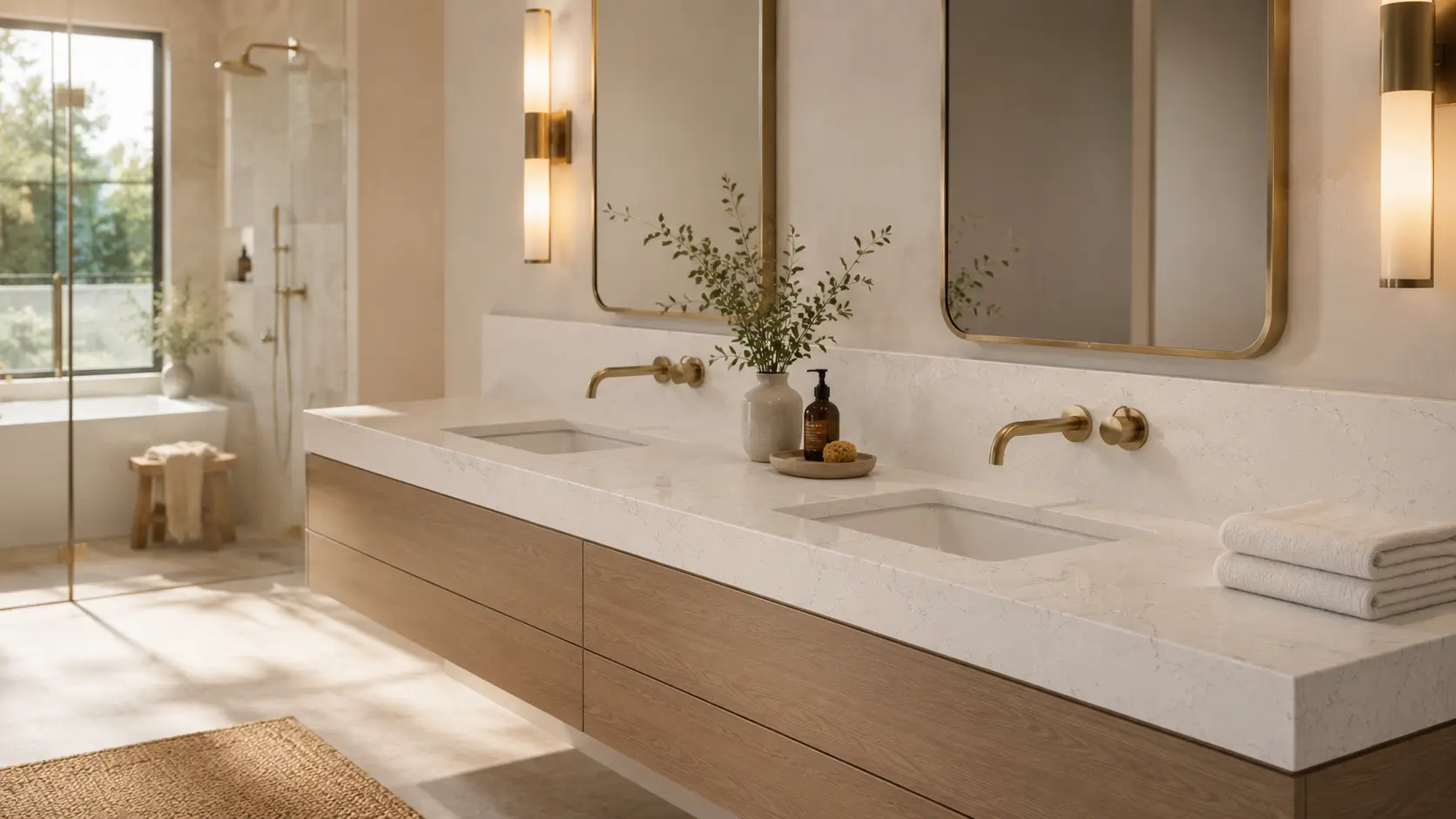 Creamy white quartz bathroom vanity countertop with subtle veining and warm neutral finishes