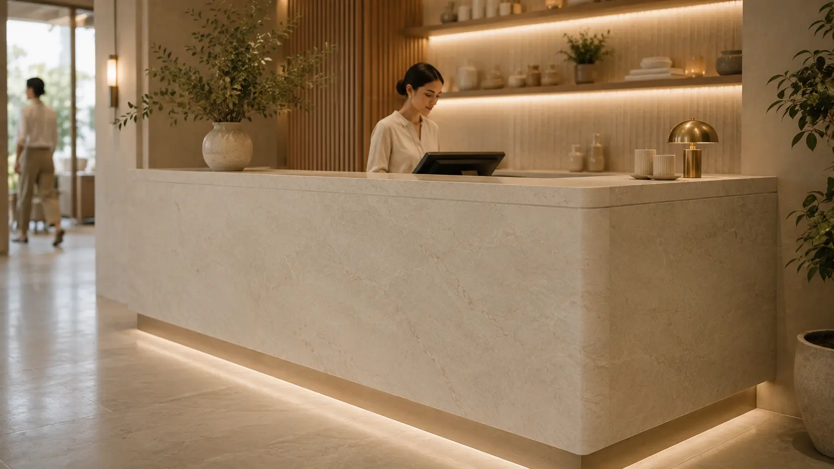 Natural looking quartz reception desk with soft gray movement in a refined commercial interior