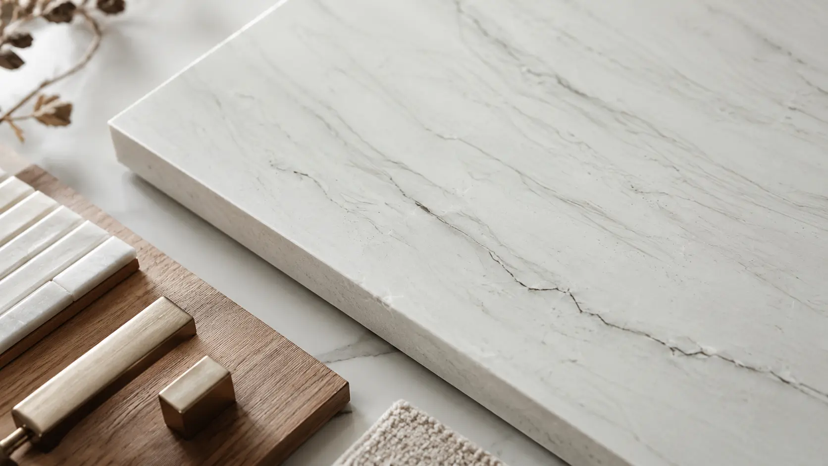 Close-up of white quartz slab with subtle natural veining and warm material samples