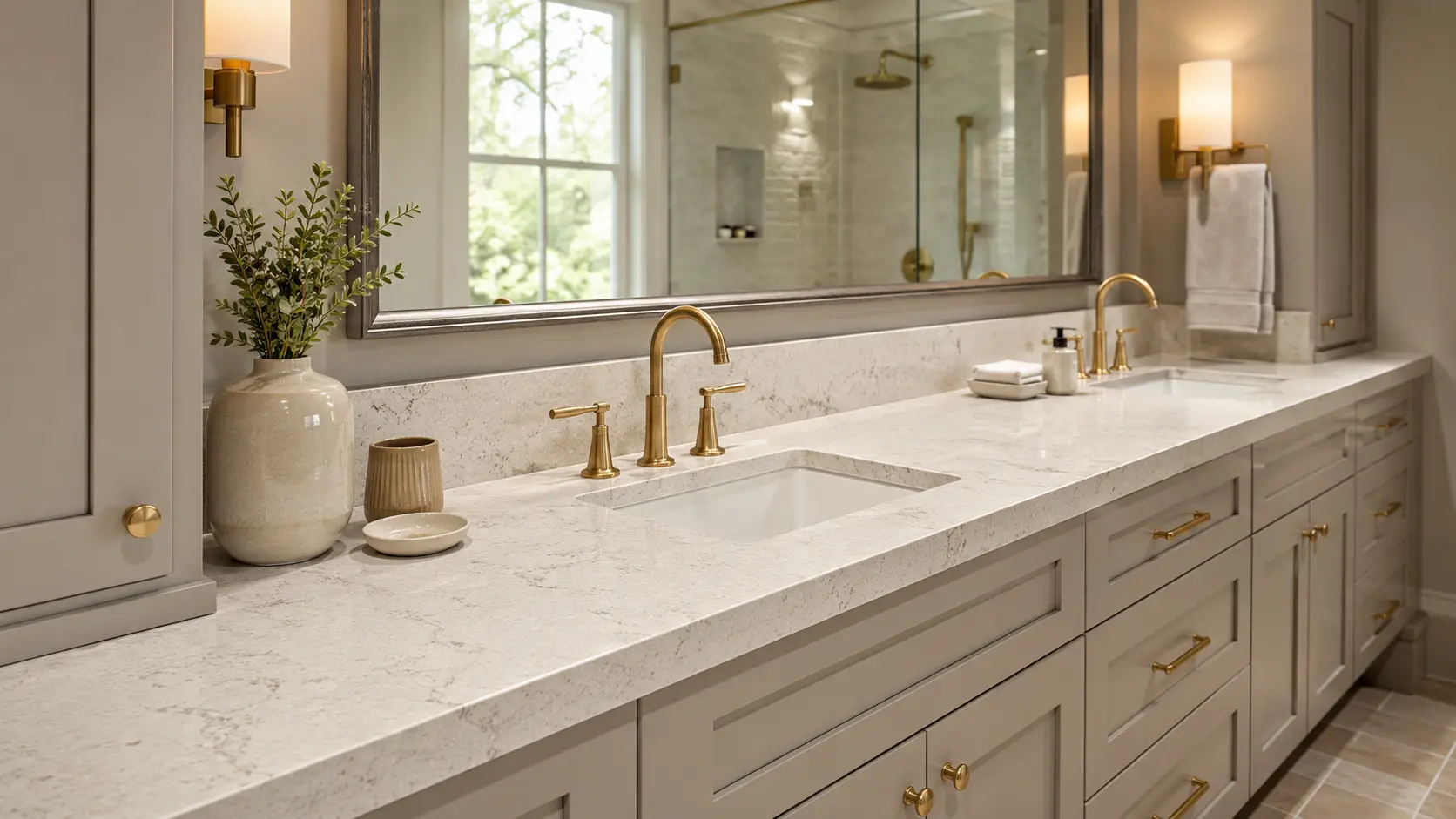 Quartz bathroom vanity countertop with soft veining and warm neutral cabinetry in a refined bathroom
