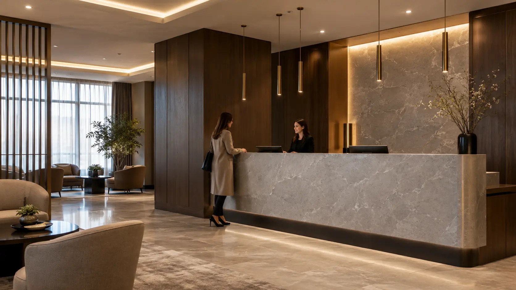 Quartz reception desk with subtle veining and mitered edge profile in an upscale commercial interior