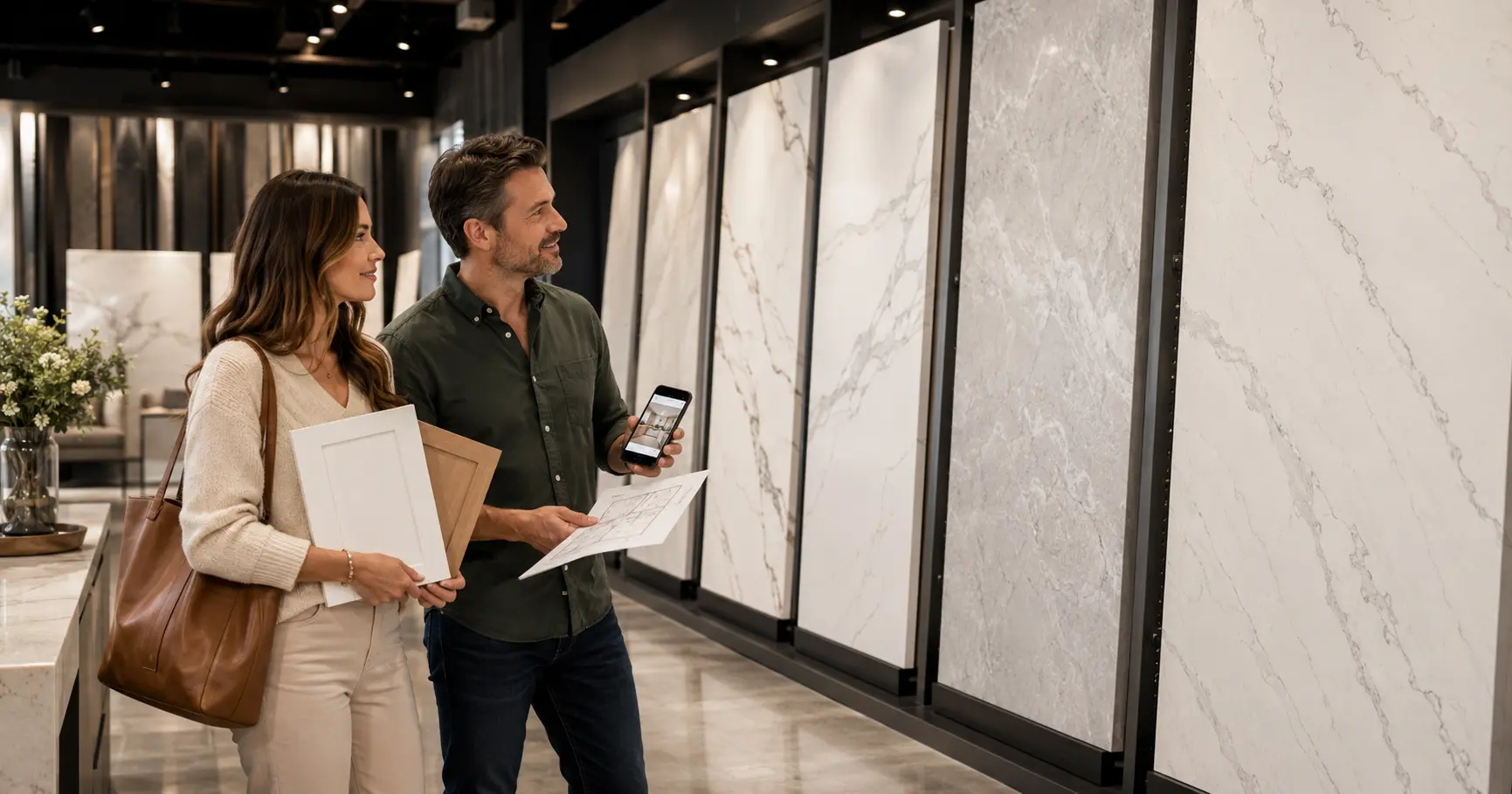 Couple visiting a quartz showroom with project notes while viewing full-size quartz slabs for countertop selection