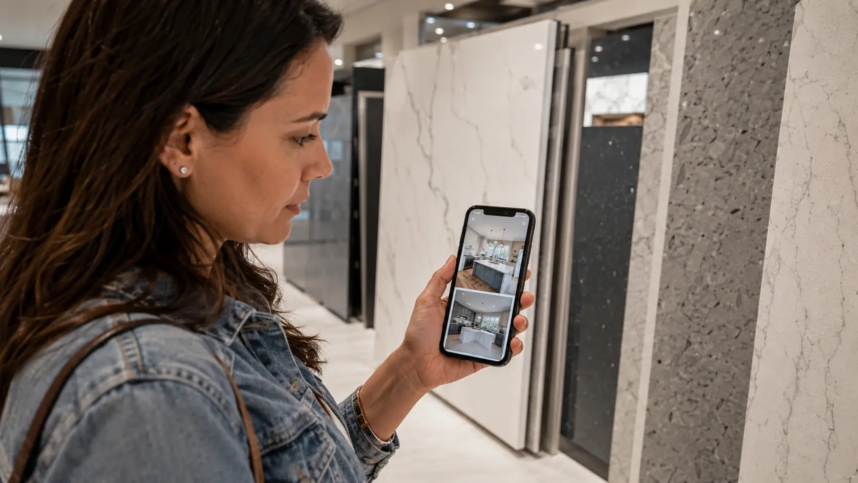 Homeowner showing kitchen photos on a phone while comparing quartz slabs in a showroom