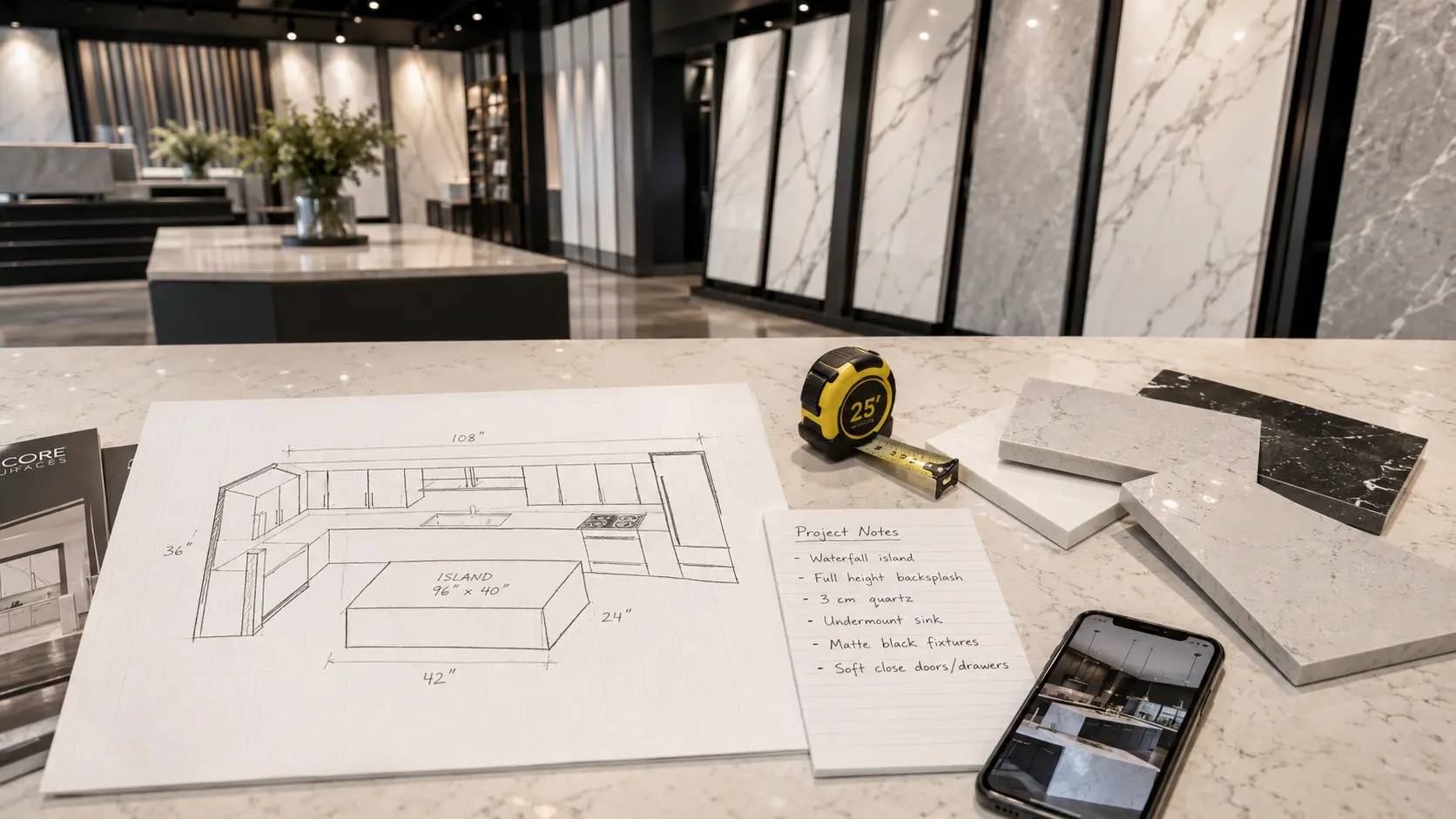 Countertop layout drawing with rough measurements, quartz samples, phone photos, and tape measure in a stone showroom