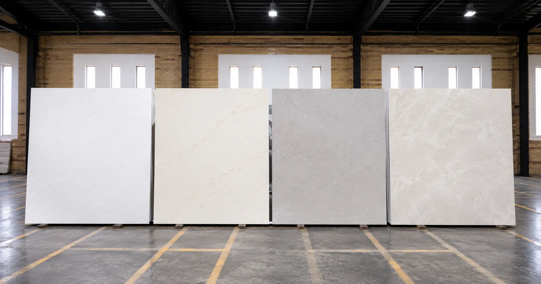 Four quartz slabs with different background colors displayed side by side in a showroom