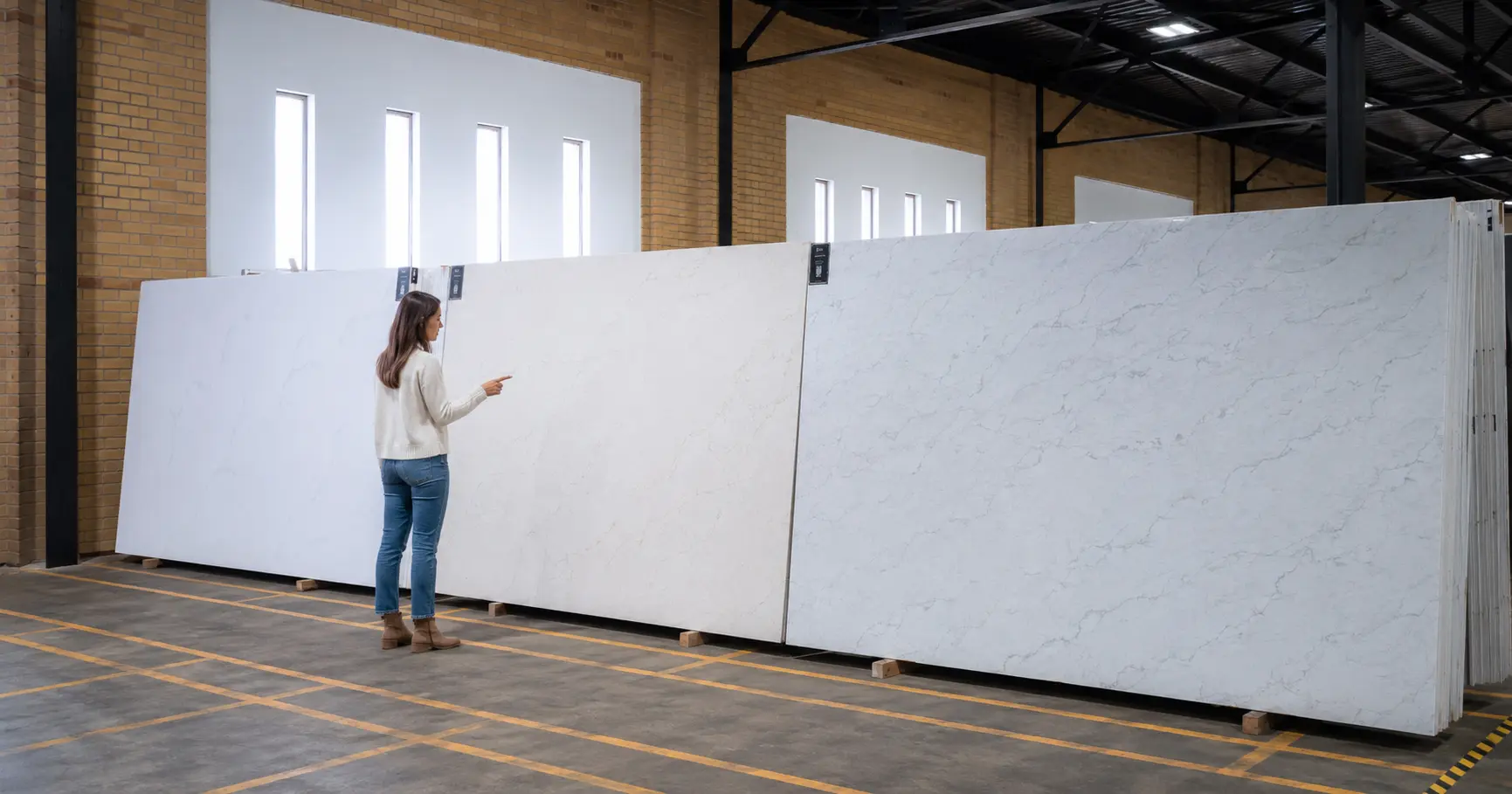 Homeowner comparing large white quartz slabs side by side to evaluate veining, background, and movement