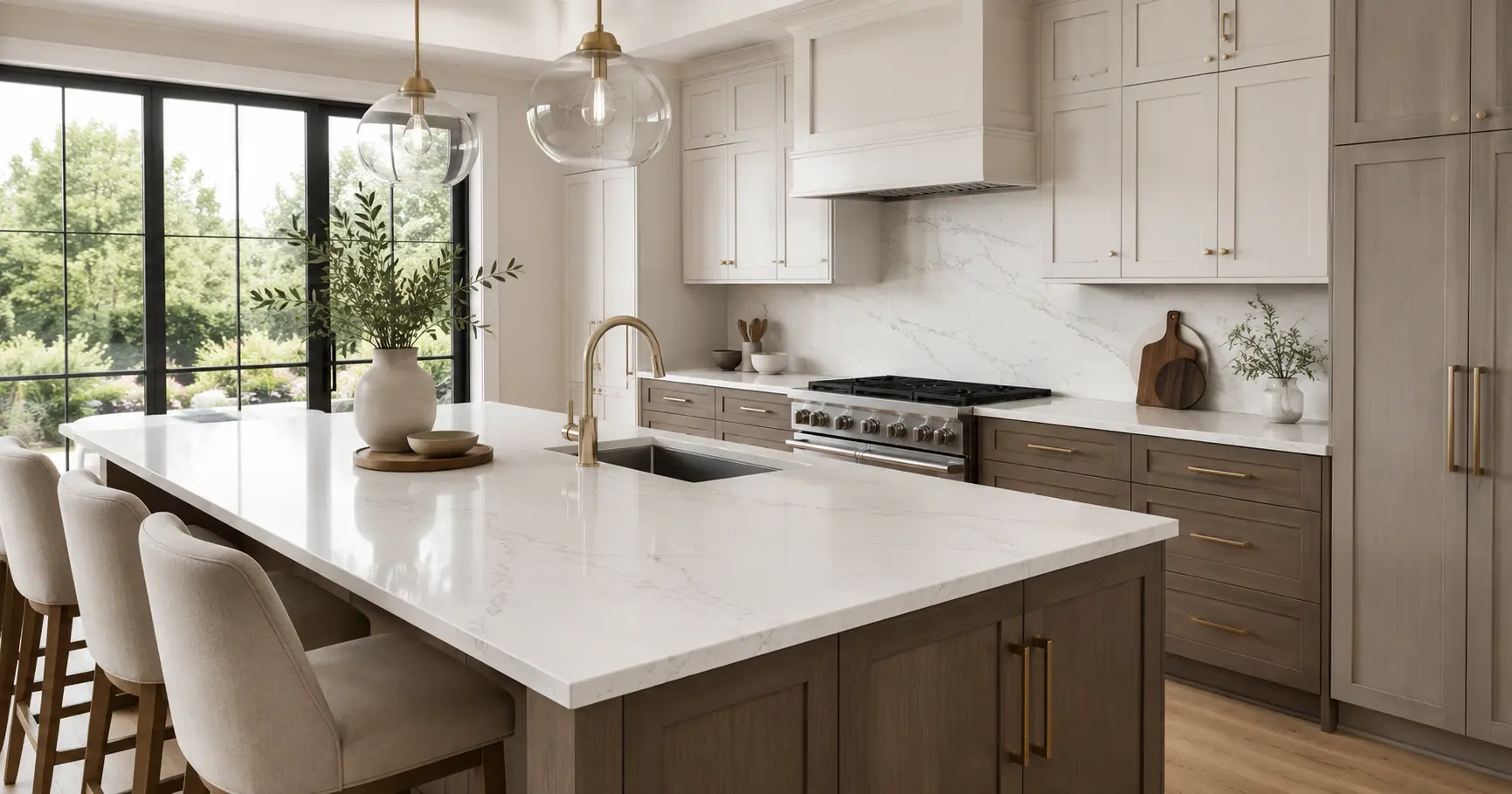 Quartz countertops paired with white and warm wood cabinets in a bright modern kitchen