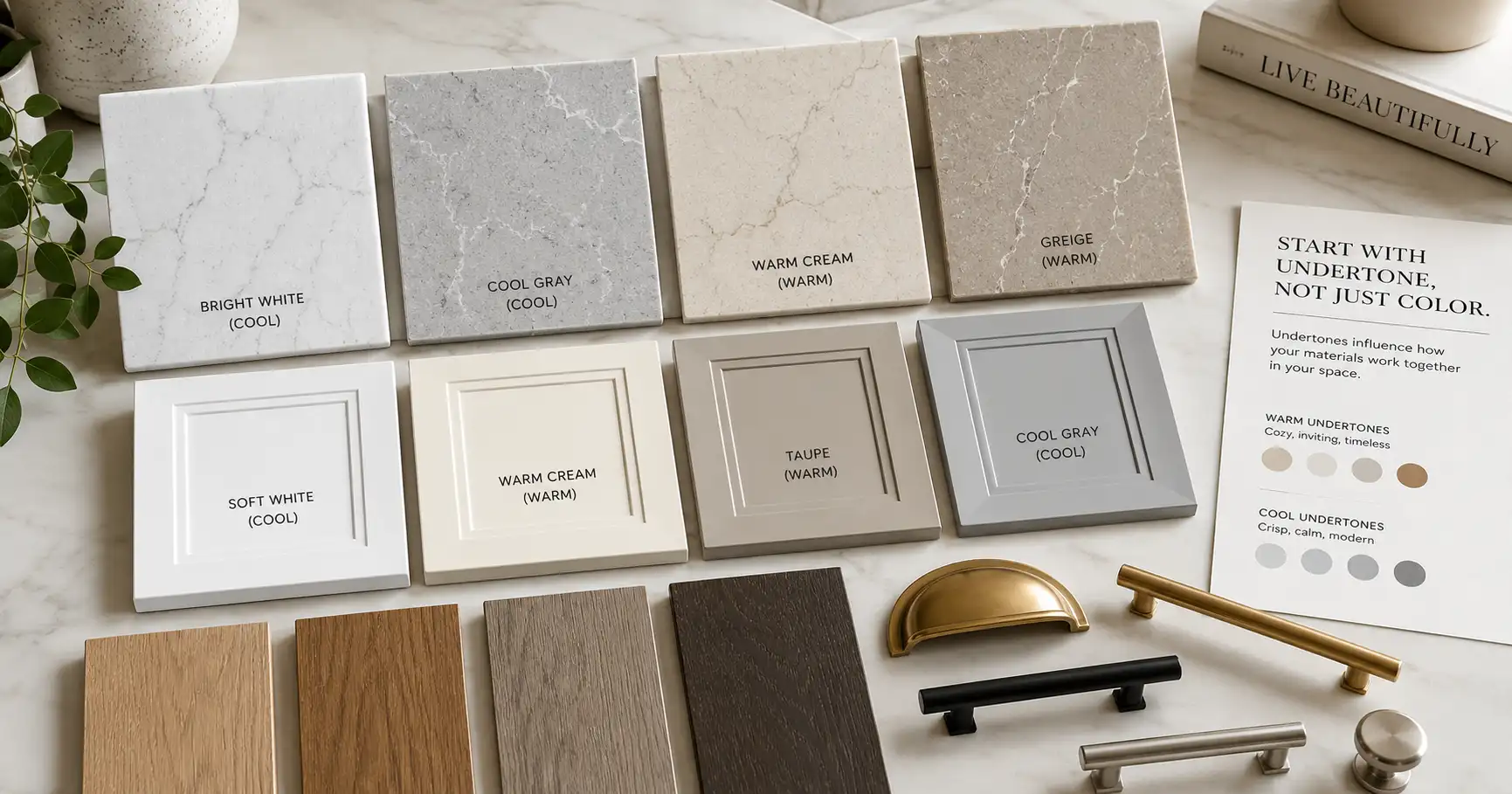 Quartz samples, cabinet color swatches, wood finishes, and brass hardware arranged for countertop pairing decisions