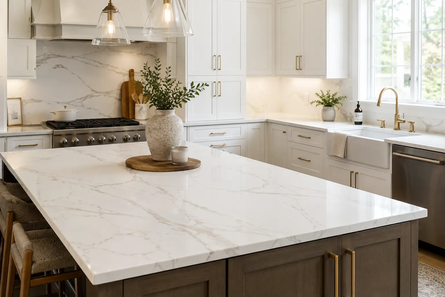 White cabinets paired with white quartz countertops and soft gray veining in a bright kitchen