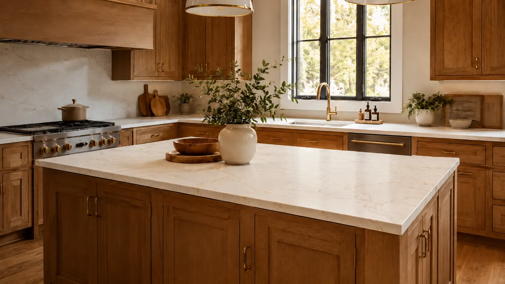 Warm wood cabinets paired with light quartz countertops and subtle veining in a cozy kitchen