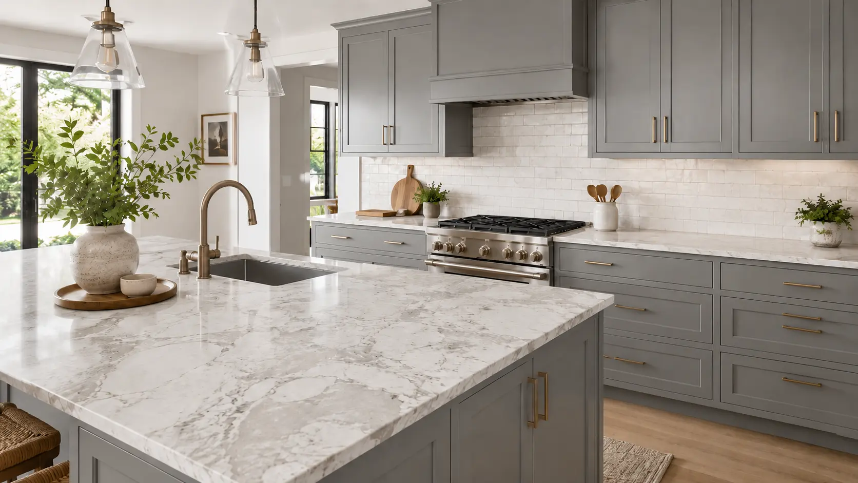 Gray kitchen cabinets paired with white quartz countertops and marble-look veining