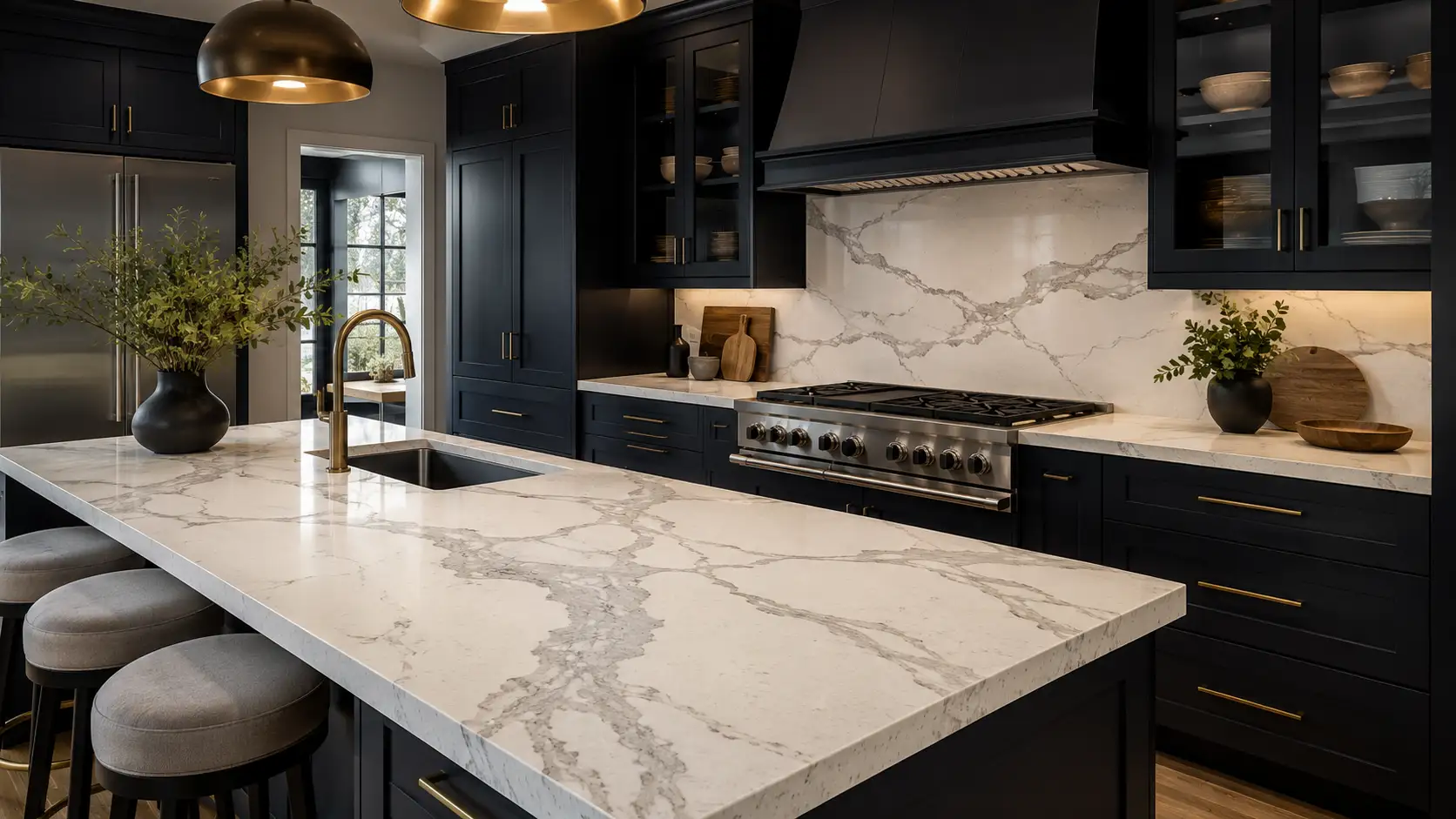 Dark kitchen cabinets paired with white quartz countertops and dramatic gray veining for strong contrast