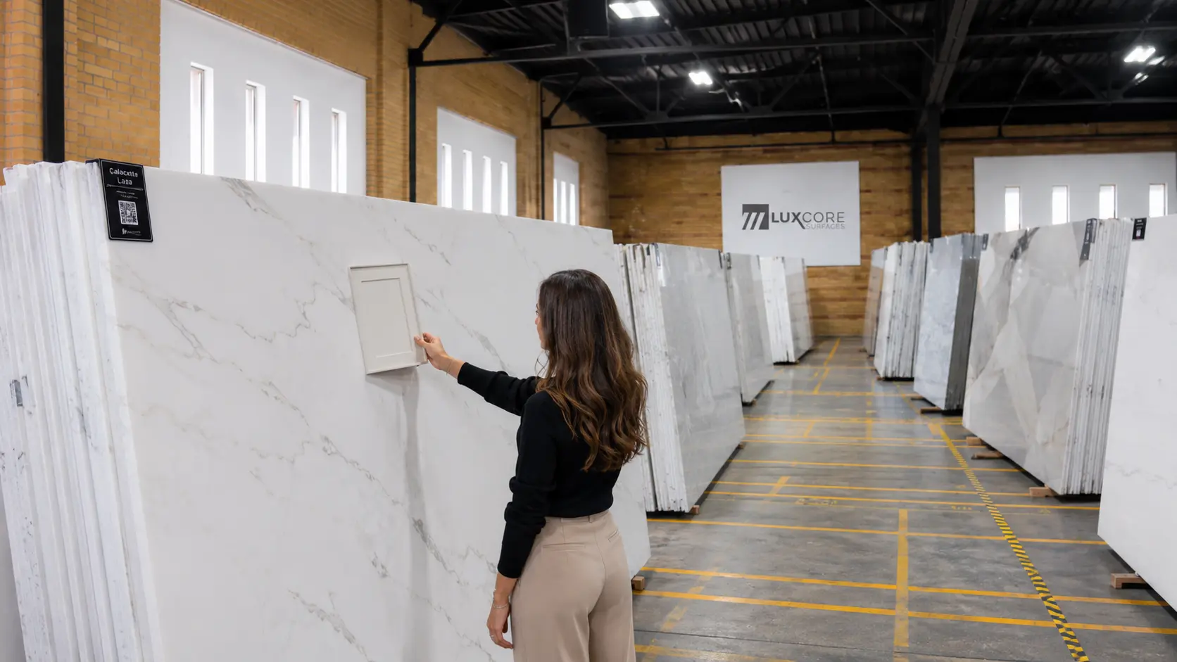 Homeowner comparing a cabinet sample against full quartz slabs in a showroom