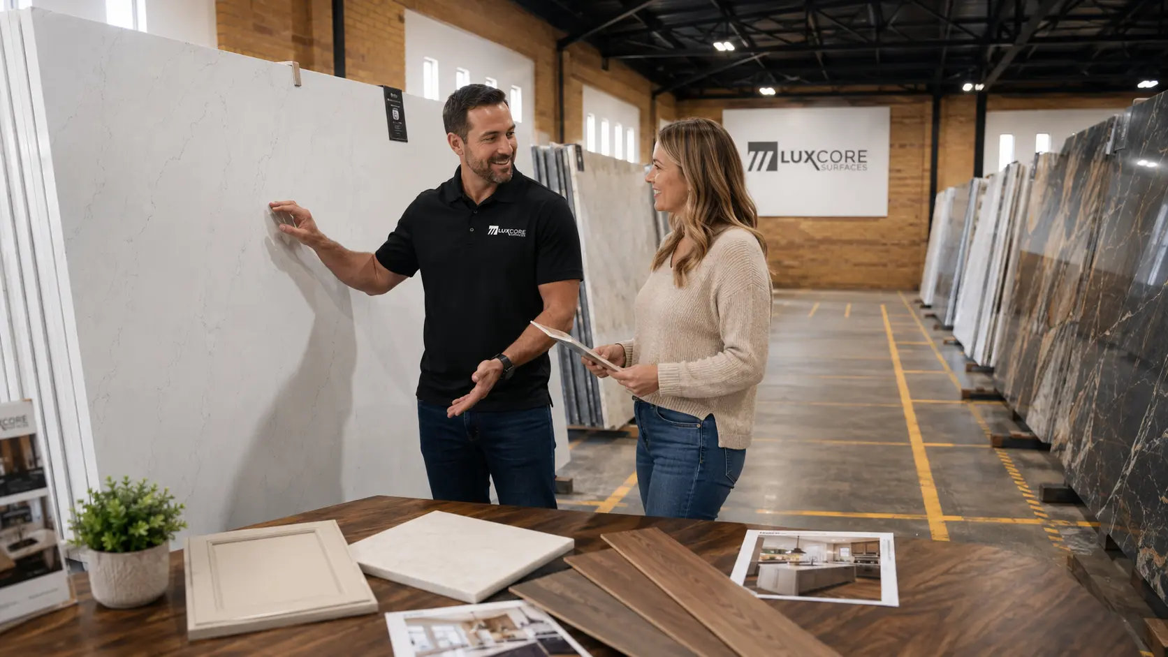 LuxCore showroom consultant helping a homeowner compare quartz slabs with cabinet samples and project photos