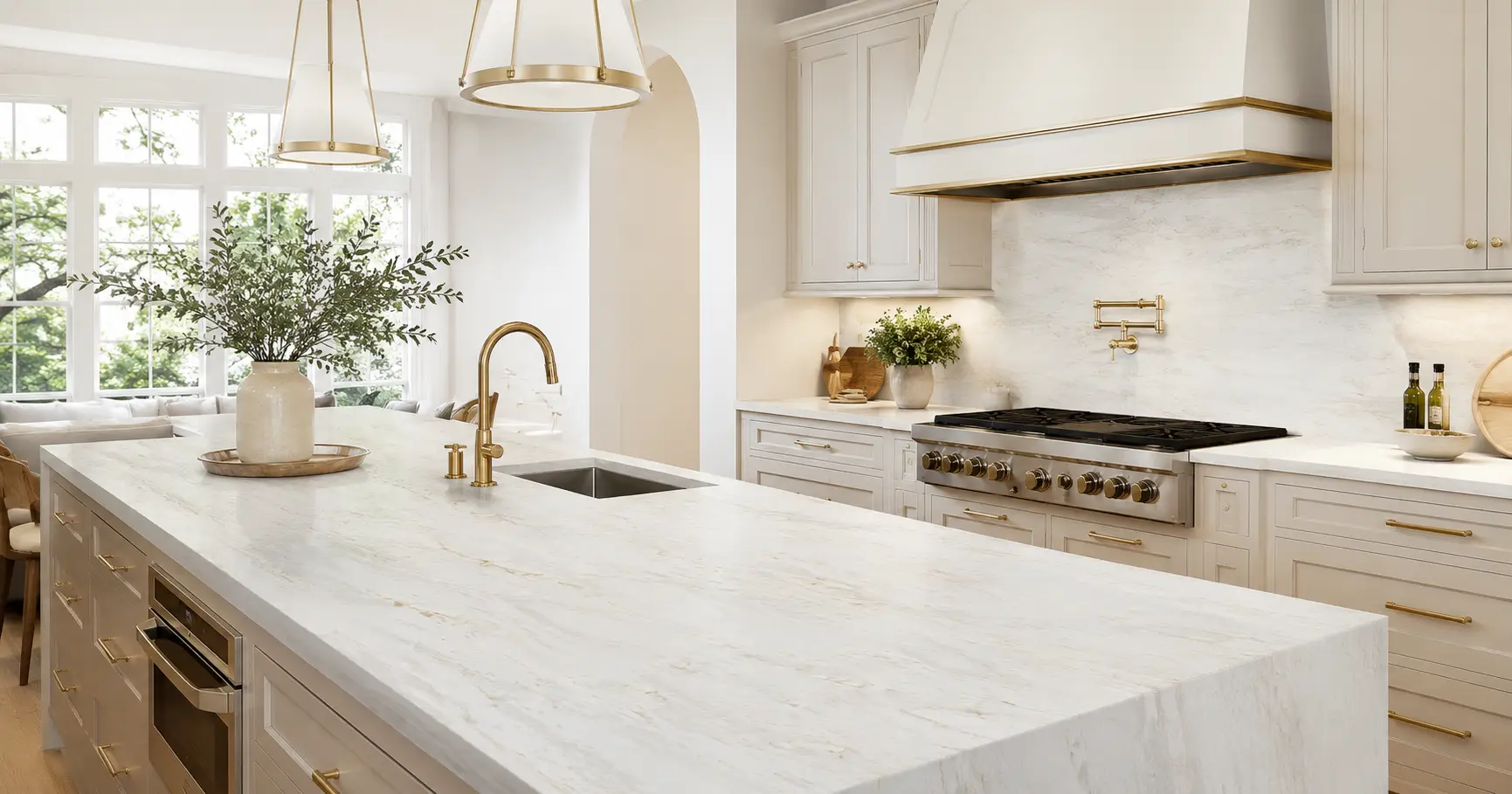 Golden Dawn Quartz countertops and backsplash with warm gold veining in a bright luxury kitchen