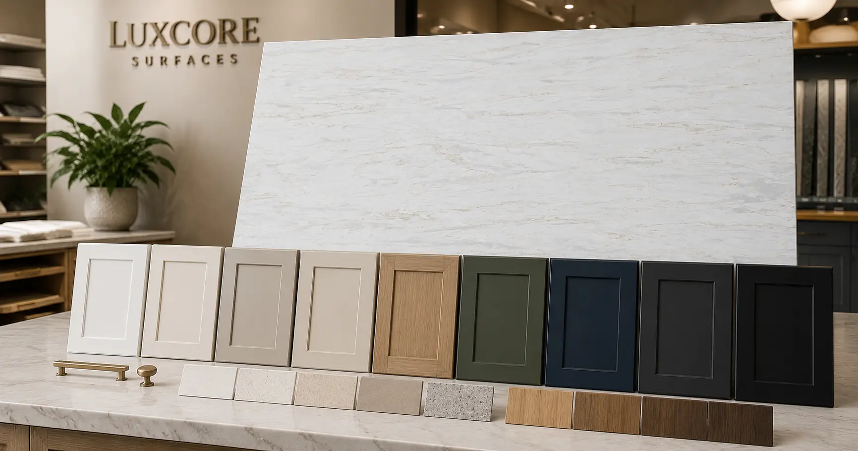 Golden Dawn Quartz slab displayed with cabinet samples, flooring pieces, and hardware finishes for undertone comparison