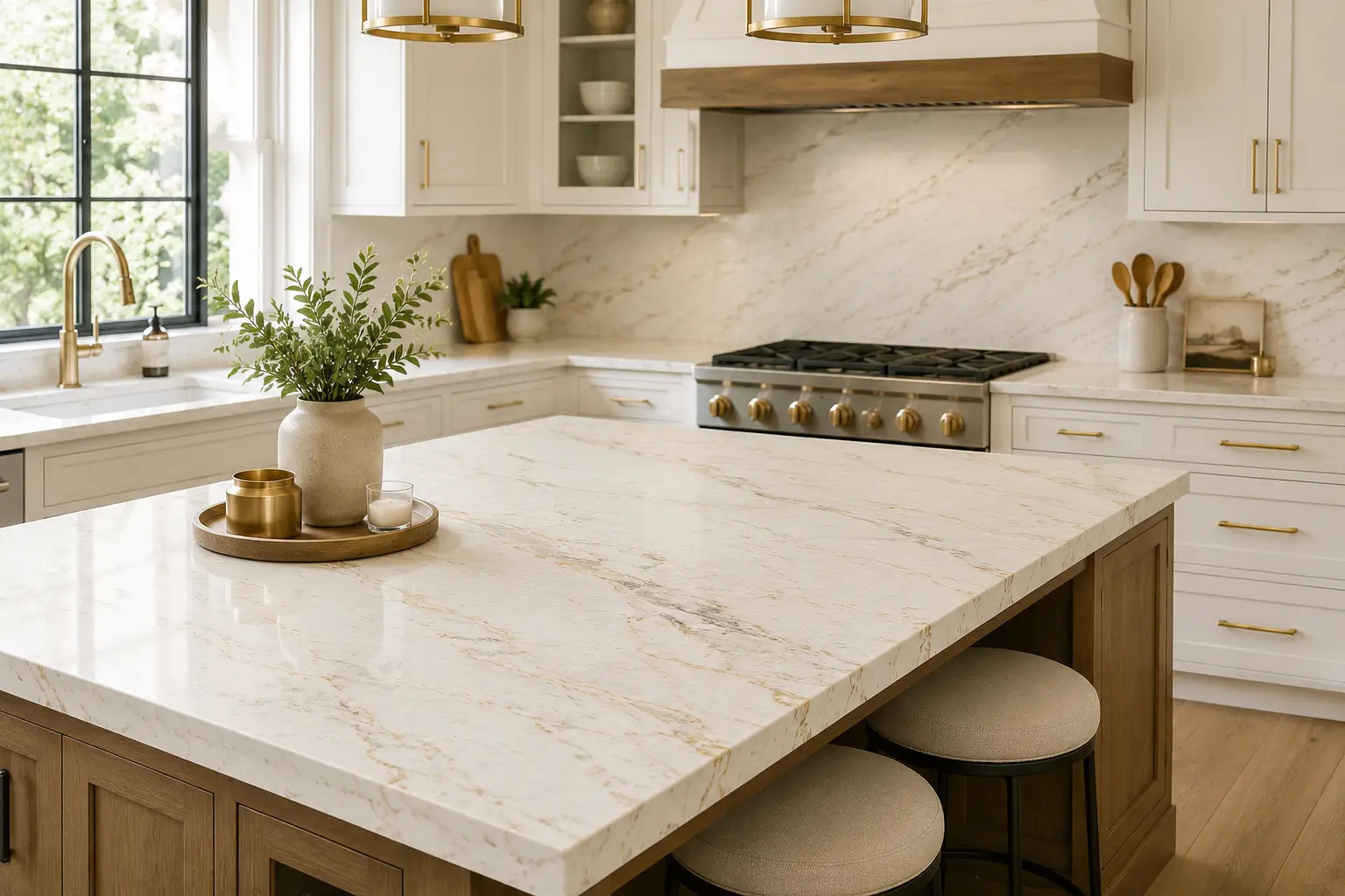Golden Dawn Quartz countertops paired with white kitchen cabinets, brass hardware, and warm wood accents