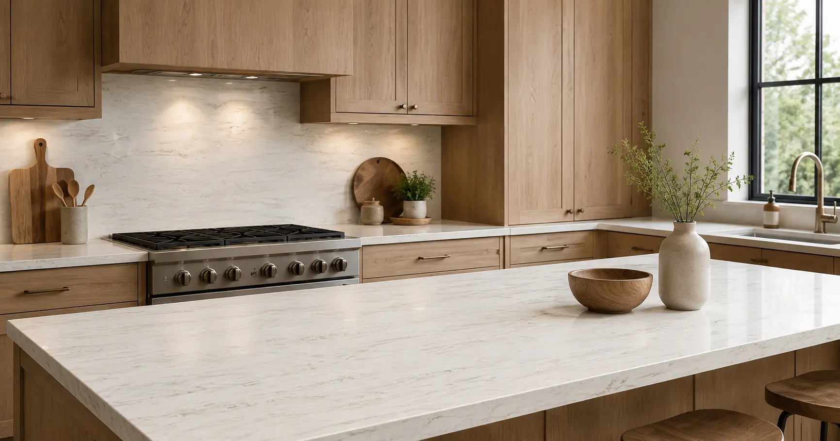 Golden Dawn Quartz countertops paired with natural wood cabinets and soft neutral kitchen finishes