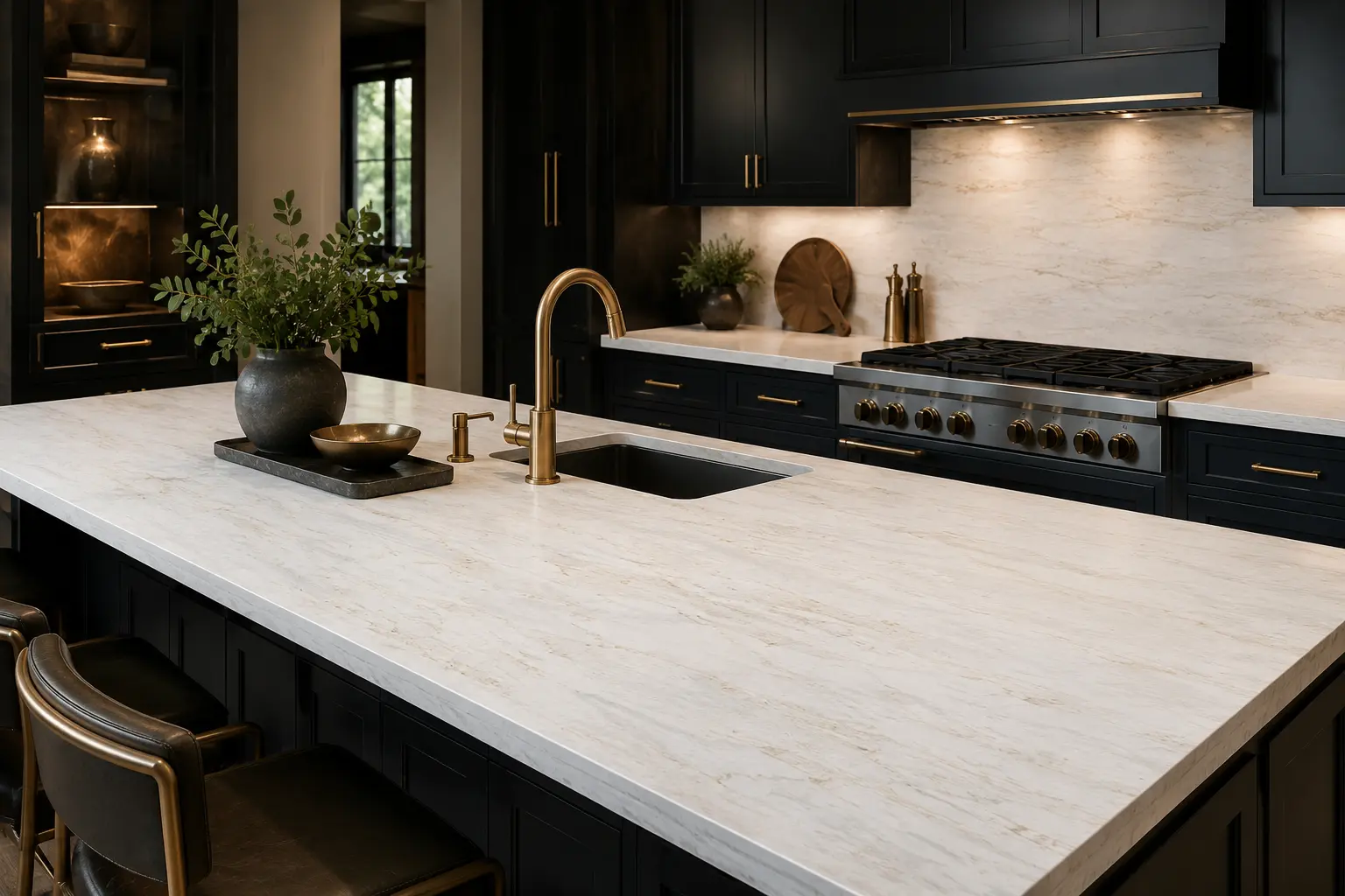 Golden Dawn Quartz countertops paired with dark kitchen cabinets, brass fixtures, and dramatic warm lighting