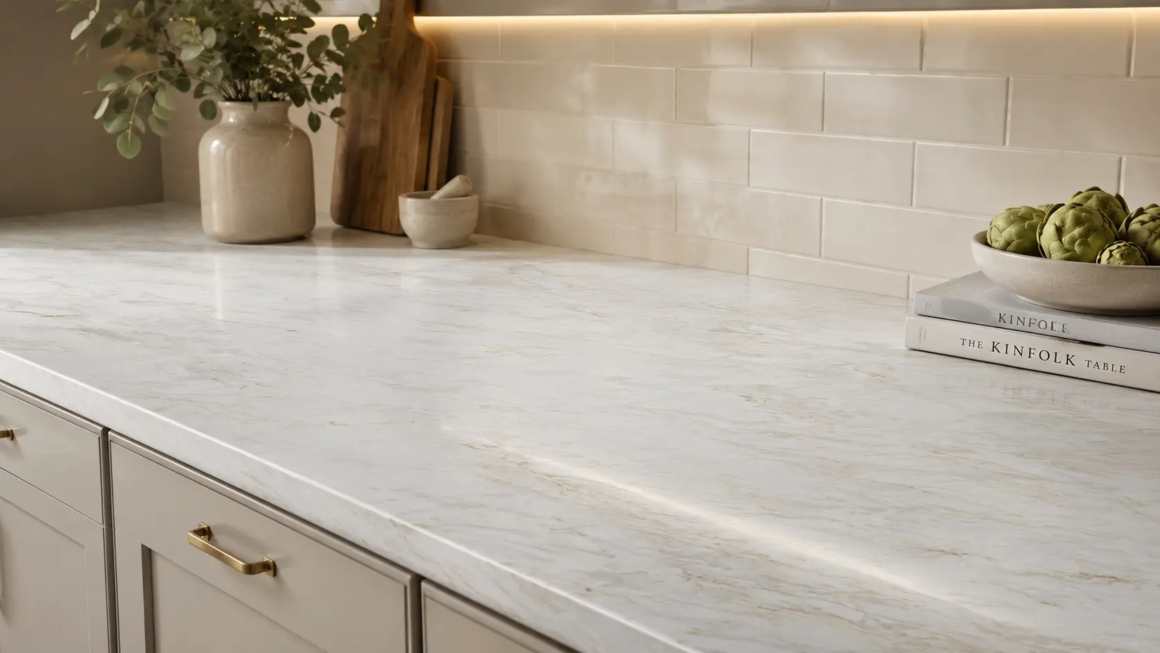 Golden Dawn Quartz countertop paired with a quiet warm white tile backsplash and brass cabinet hardware