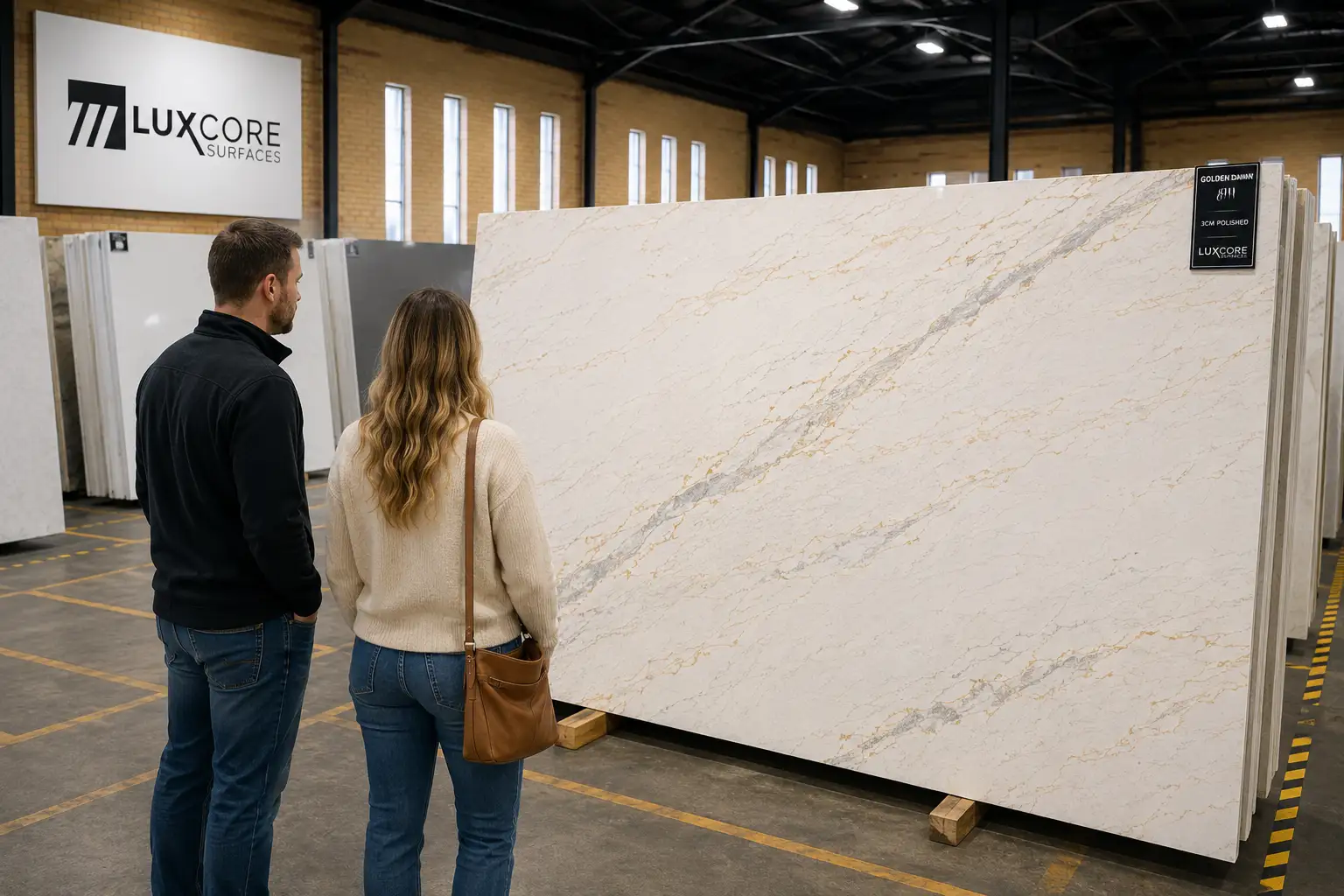Homeowners viewing a full Golden Dawn Quartz slab in the LuxCore Surfaces showroom in Ogden Utah