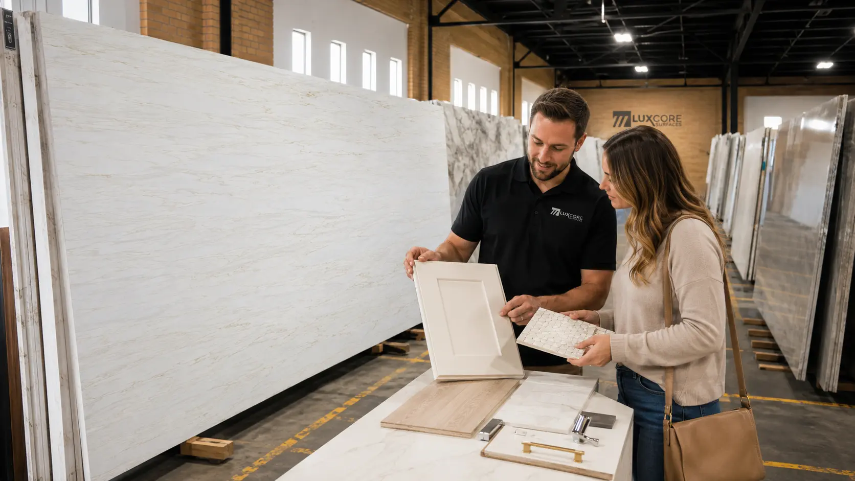 LuxCore Surfaces showroom consultant helping a homeowner compare Golden Dawn Quartz with cabinet and tile samples