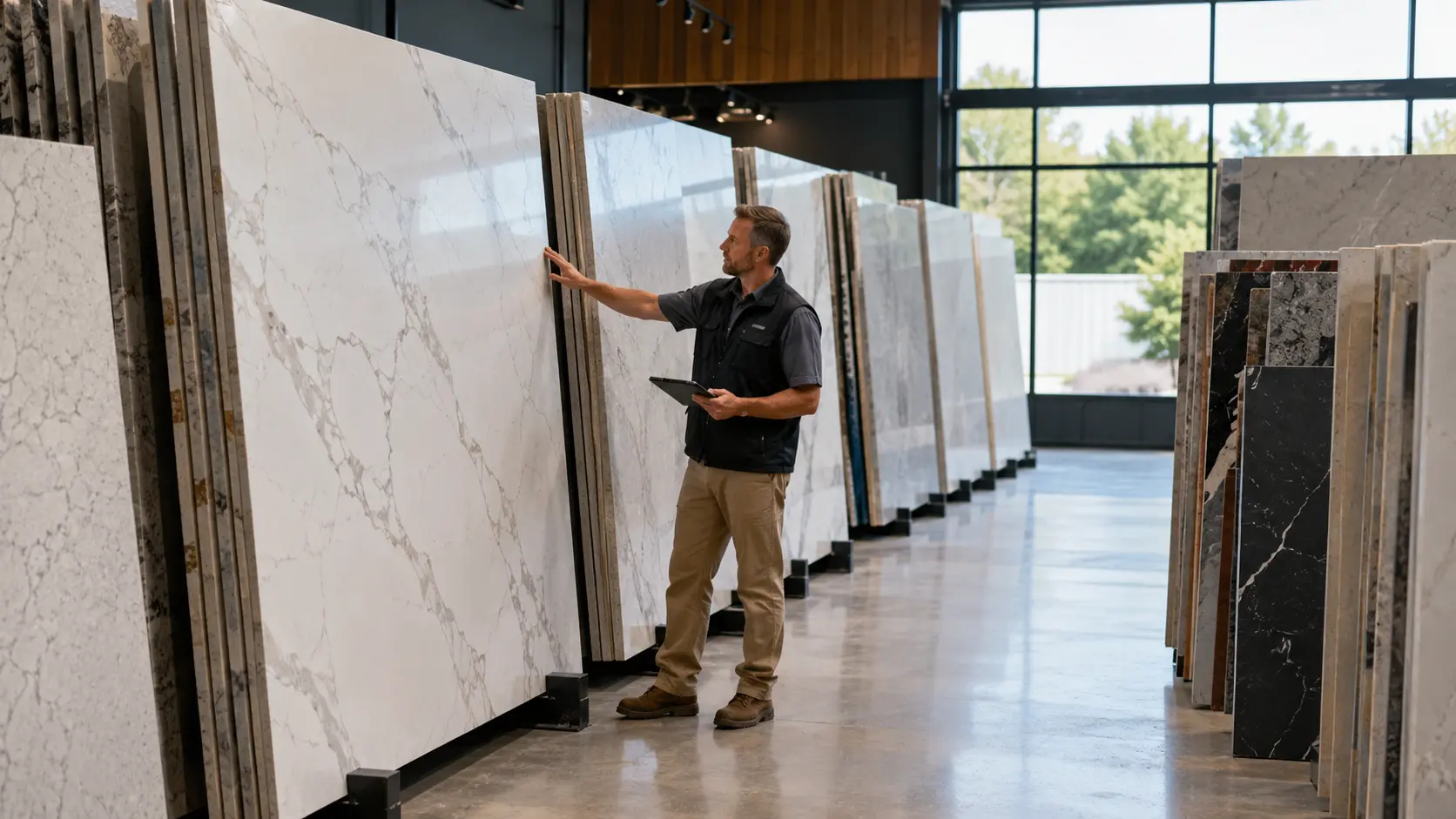 Trade professional inspecting full-size quartz slabs at a Northern Utah slab distributor showroom