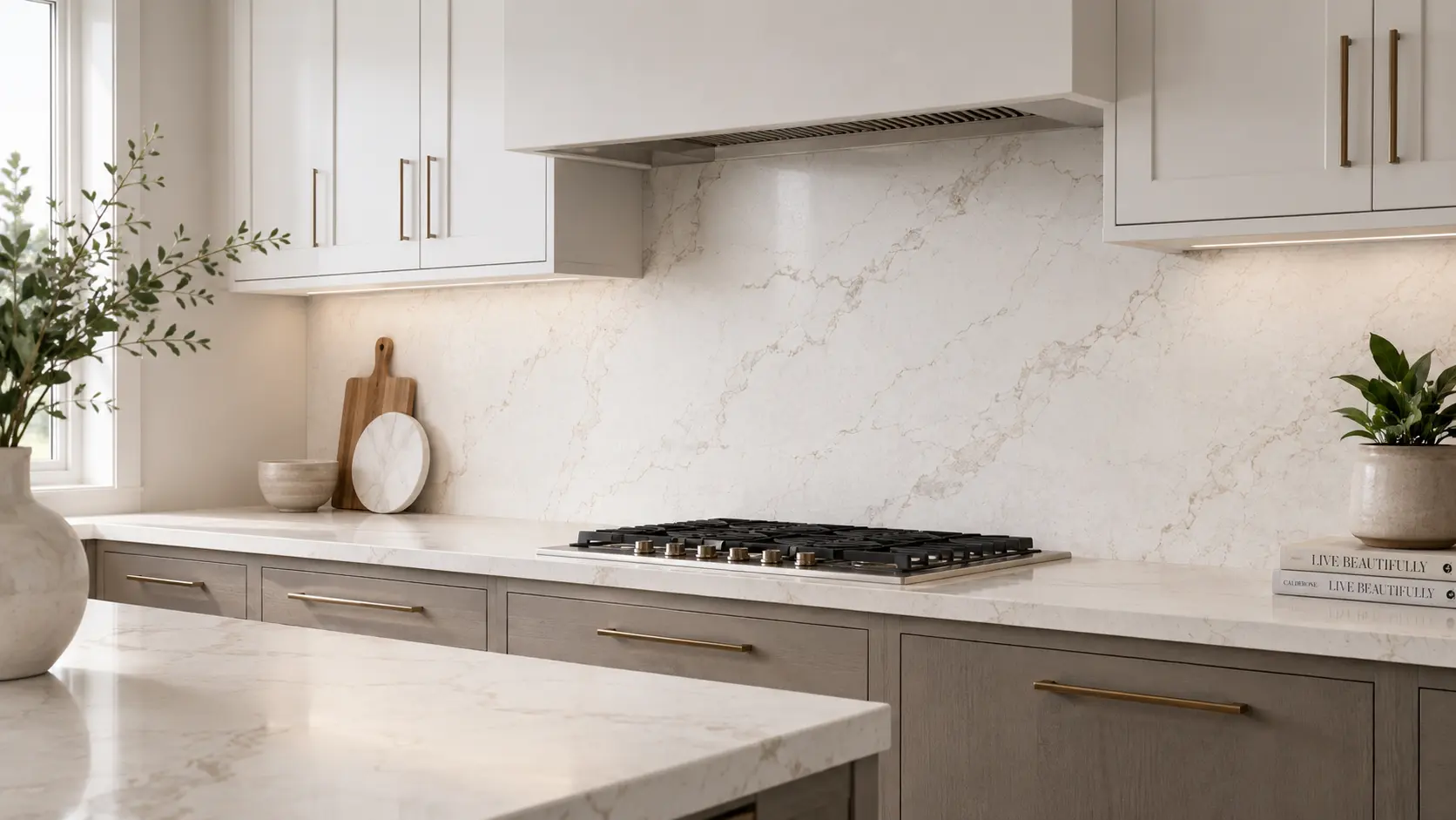 Full-height white quartz countertop backsplash with soft veining in a modern kitchen with light cabinets