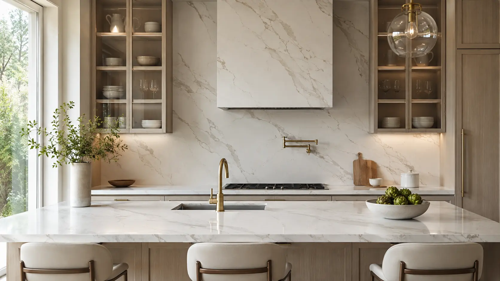 Full-height quartz backsplash extending from the countertop to the range hood with matching quartz kitchen surfaces