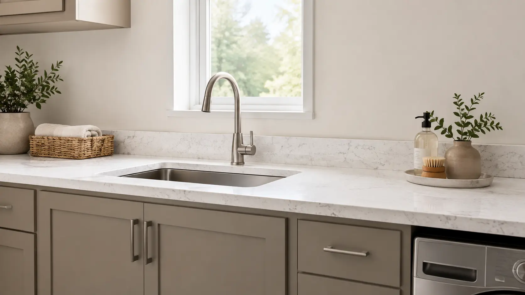 Short quartz backsplash paired with a matching countertop and neutral cabinets beneath a kitchen window