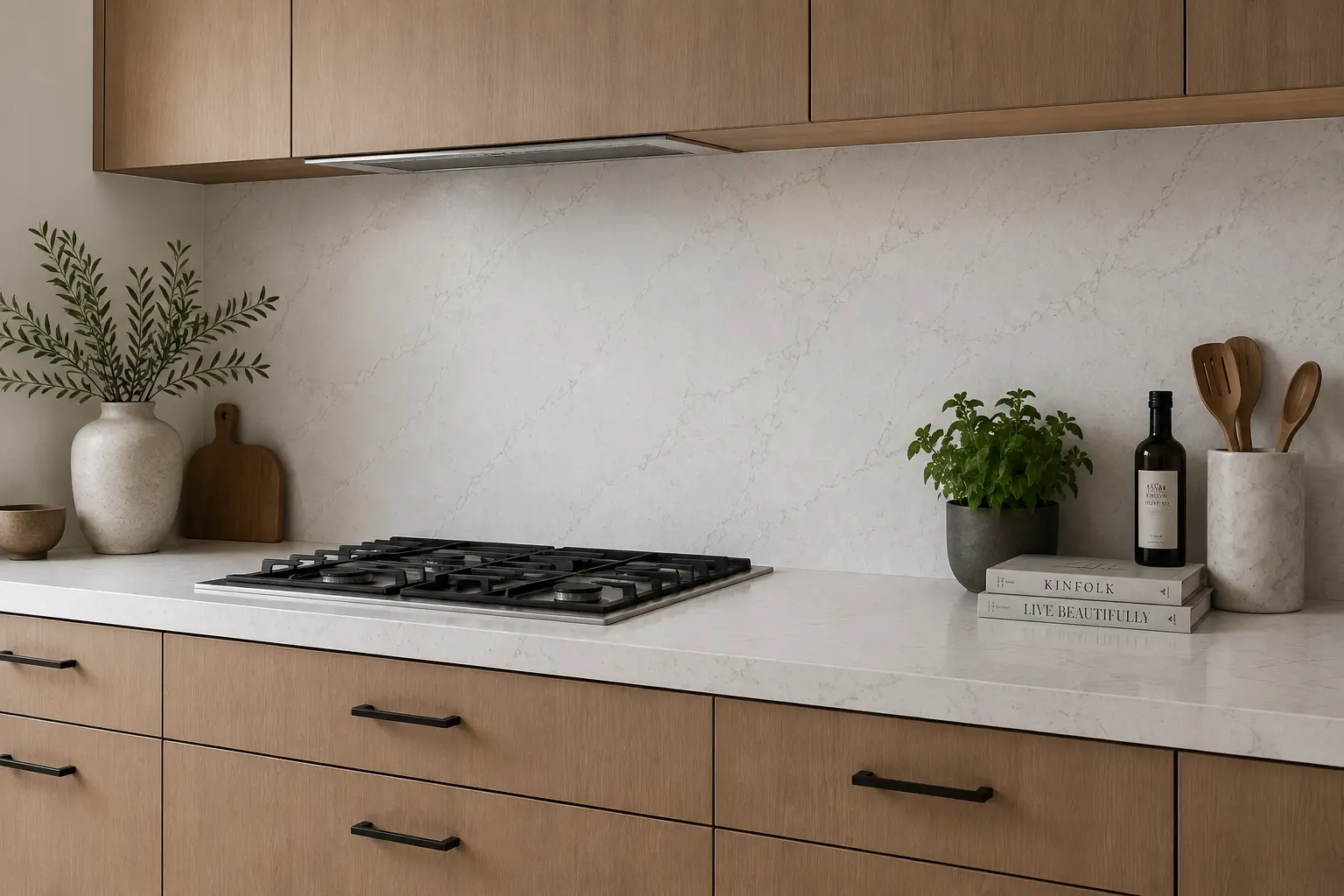 Light quartz countertop with warm wood cabinets and a clean minimal backsplash wall without traditional tile