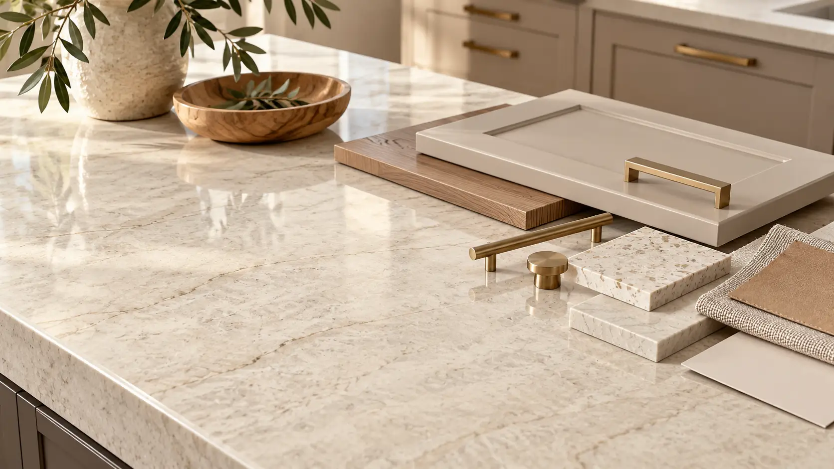 Light quartz countertop with cabinet door, hardware, and material samples for a kitchen design project