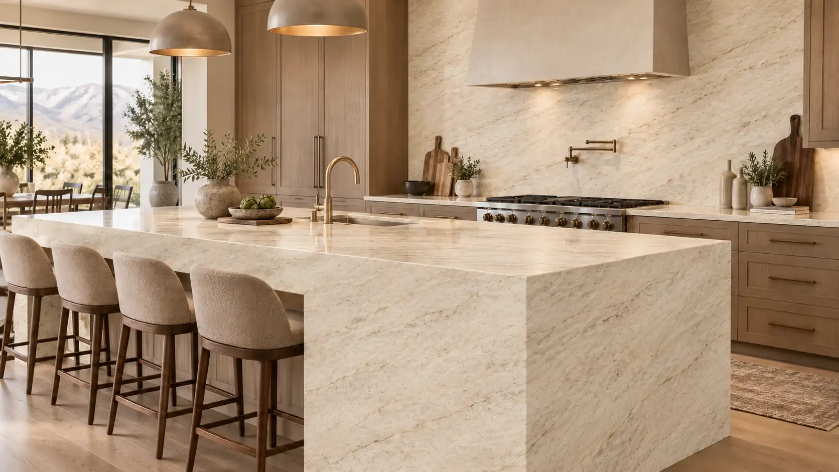 Light quartz used on a large waterfall kitchen island and full-height backsplash in a warm modern kitchen