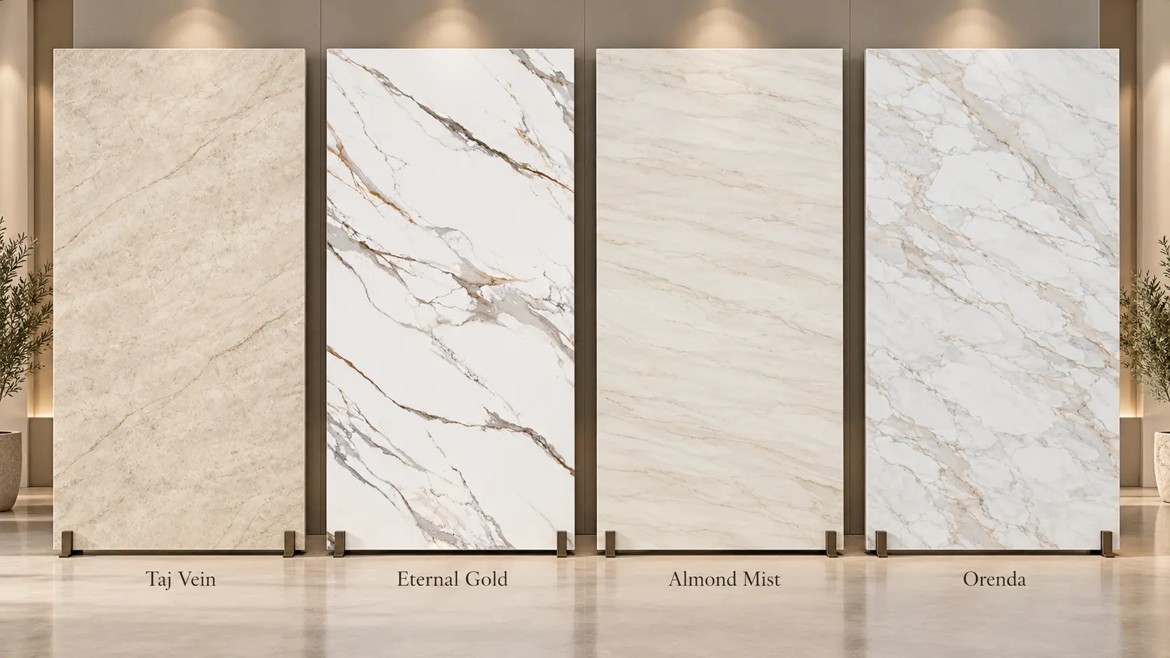Taj Vein, Eternal Gold, Almond Mist, and Orenda quartz slabs displayed side by side from the Pacific collection