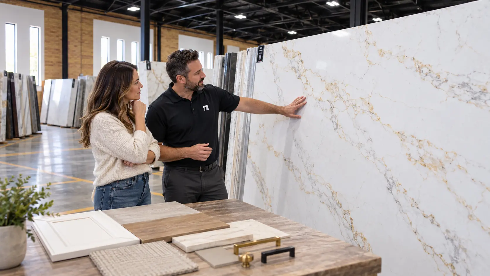 Homeowner comparing a full quartz slab with cabinet and material samples at the LuxCore Surfaces showroom