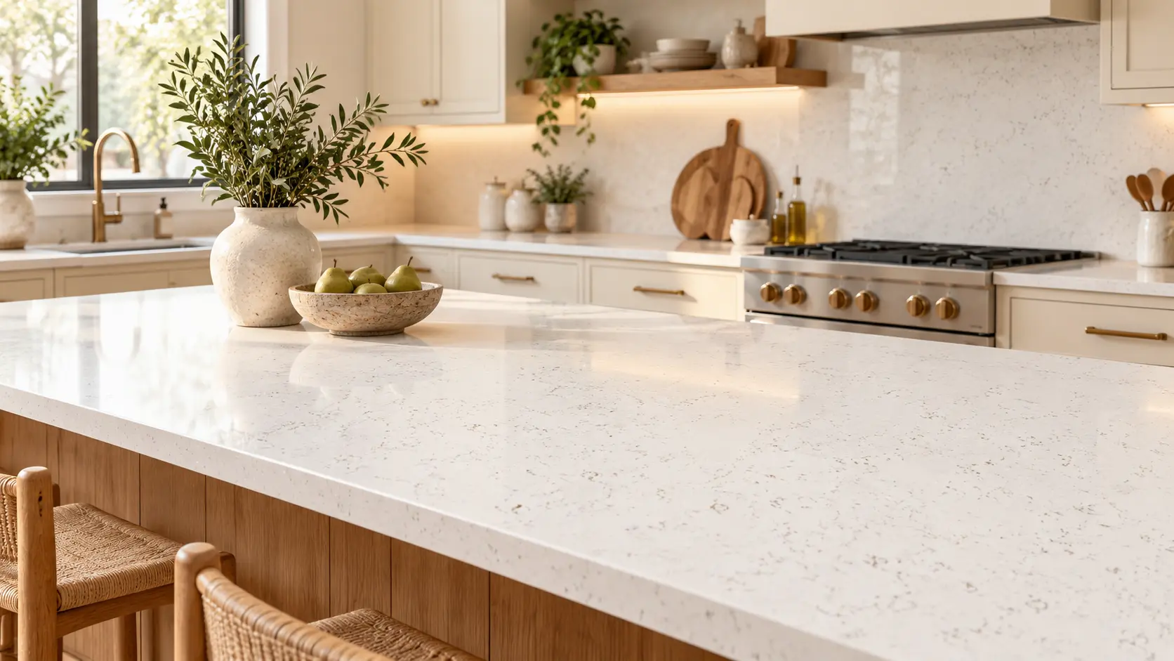 Warm neutral quartz countertops with subtle veining, light wood island cabinetry, and creamy kitchen finishes