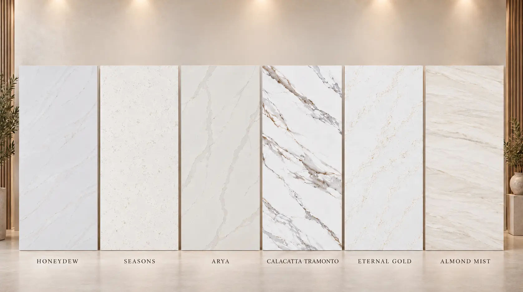 Honeydew, Seasons, Arya, Calacatta Tramonto, Eternal Gold, and Almond Mist quartz slabs displayed side by side