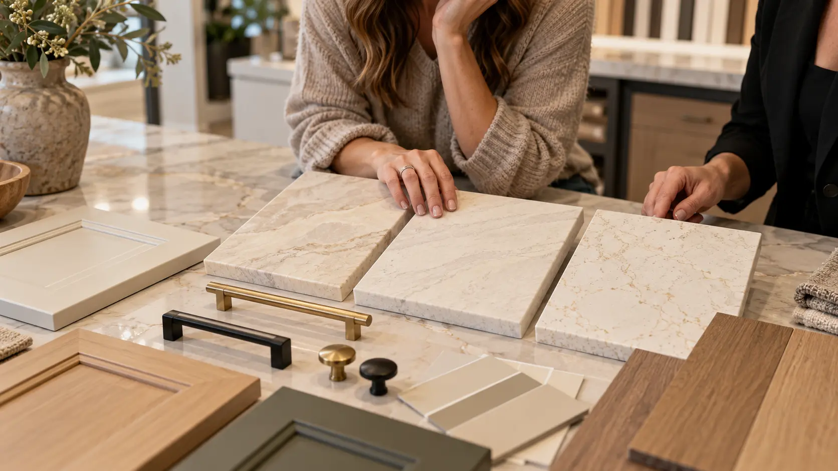Homeowner comparing warm neutral quartz samples with cabinet colors, wood finishes, and hardware options