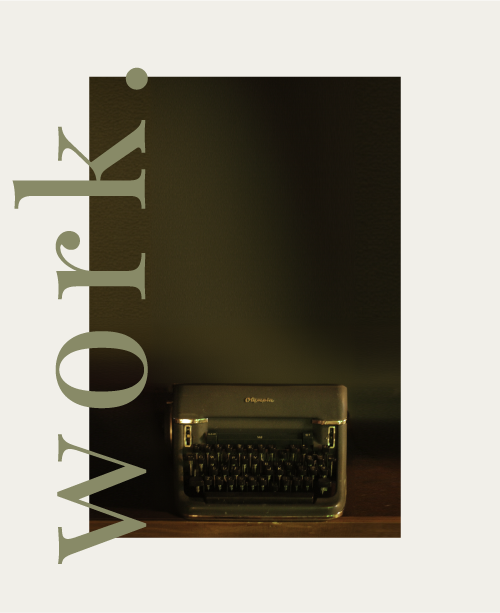 Vintage typewriter centered on a dark surface with large vertical text 'Work.' on the left side.
