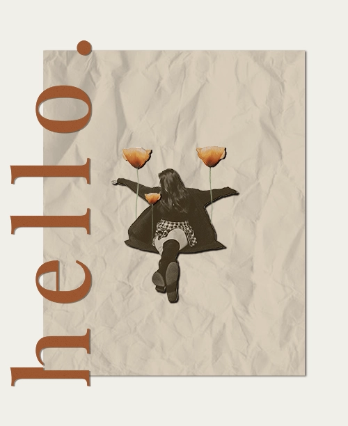 Artistic image of a woman lying on crumpled paper background with two orange flowers and the word 'hello.' in large brown vertical text.